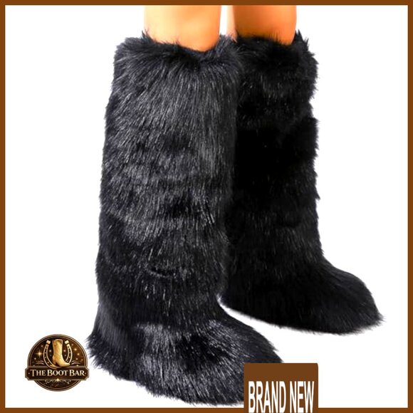 Faux Fur Knee High Boots Winter Fuzzy Fluffy Flat Snow Boots Women - Picture 7 of 7